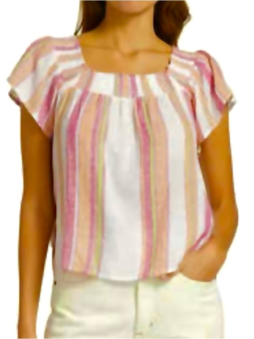 Rails Sonora Blouse Pink Orange‎ White Hibiscus Stripe Linen Blend Square Neck L